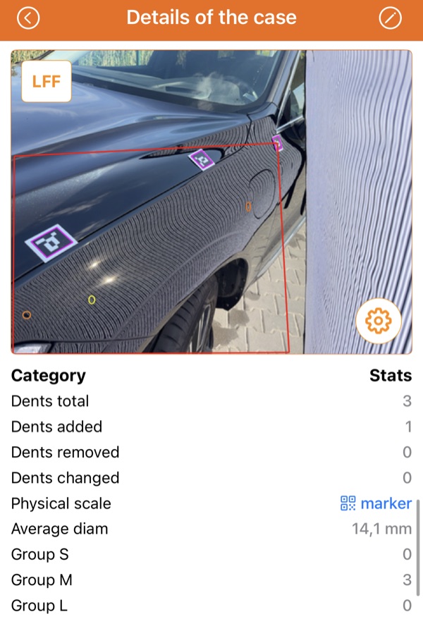 HailMaster case details: zone photo with detected dents and statistics