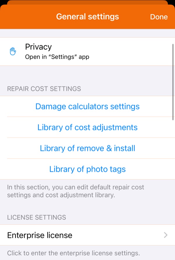 HailMaster settings: damage calculators, cost adjustments, remove and install, photo tags and enterprise licence